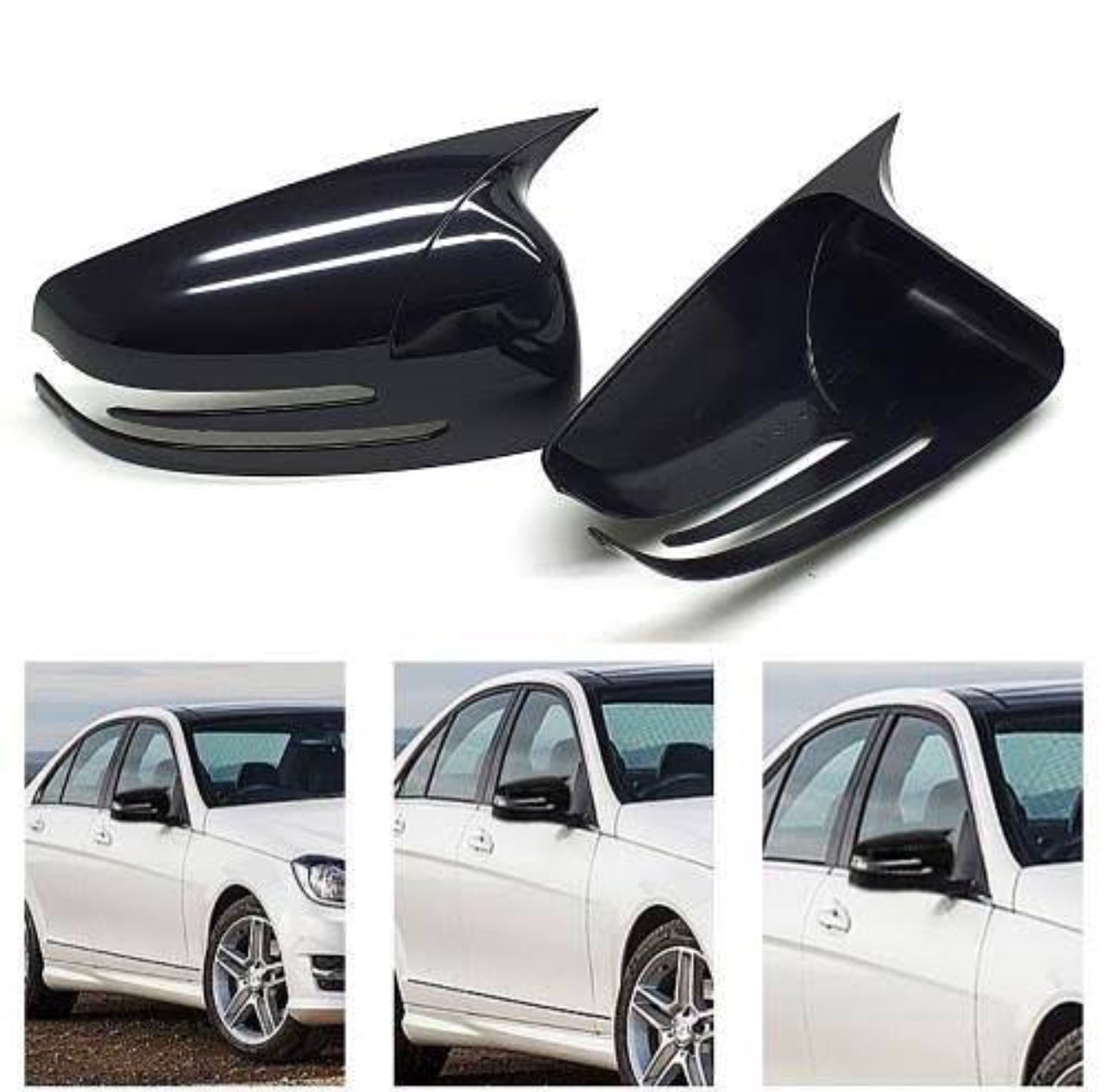 Капаци за огледала БАТМАН дизайн за Mercedes C class W204 2007-2014 - черен пиано лак