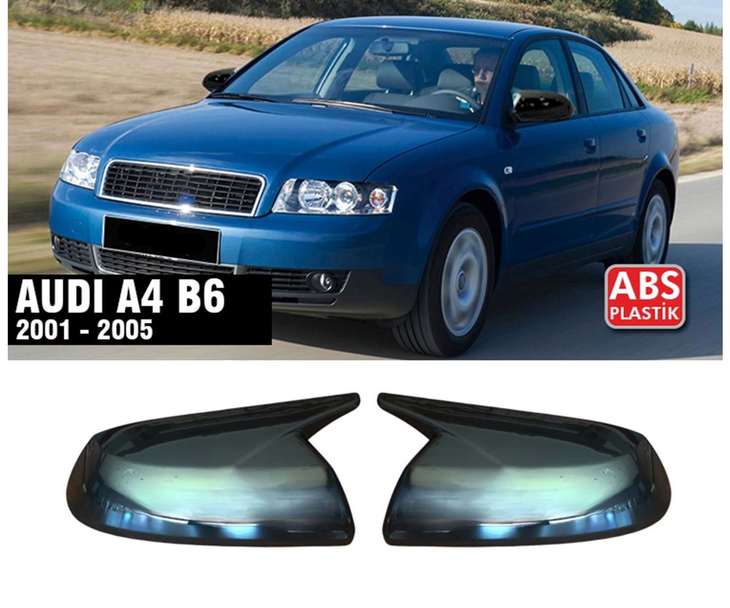 Капаци за огледала БАТМАН дизайн за AUDI A4 B6 2000-2004 - черен пиано лак